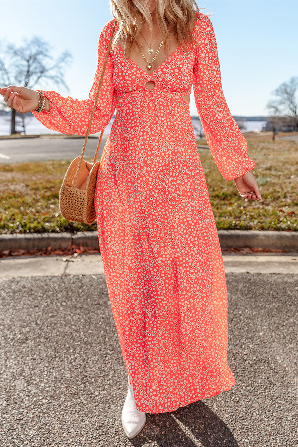 Red floral dress with long puff sleeves and v-neck