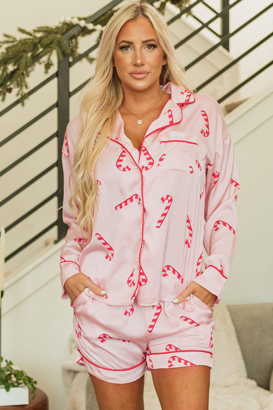 Ensemble pyjama rose avec chemise et short à imprimé canne en sucre de Noël