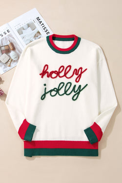 Tinsel Holly Jolly White Color Block Drop Shoulder Sweater Plus Size