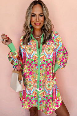 Orange Straight Shirt Dress with Western Geometric Print