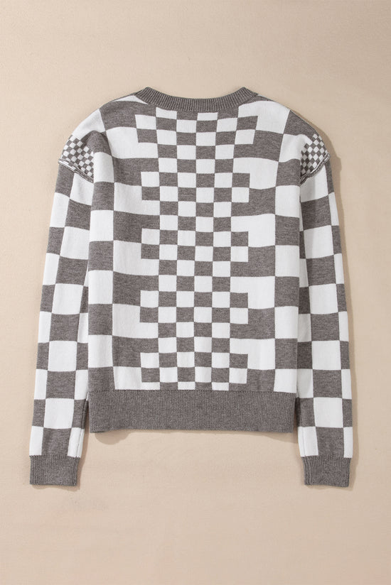 Gray sweater checkered and drooping shoulders, round neck