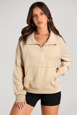 Parchment Mock Neck Sweatshirt with Kangaroo Pocket and Quarter Zip