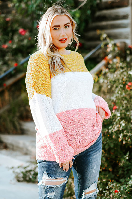 Plus Size Yellow Colorblock Bubble Sleeve Sweater