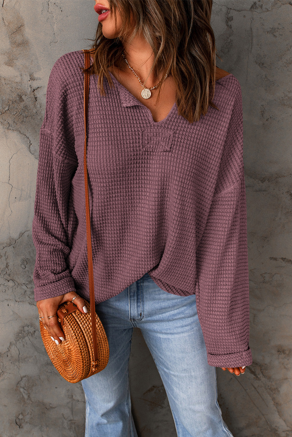 Purple Waffle Knit Long Sleeve Loose Top