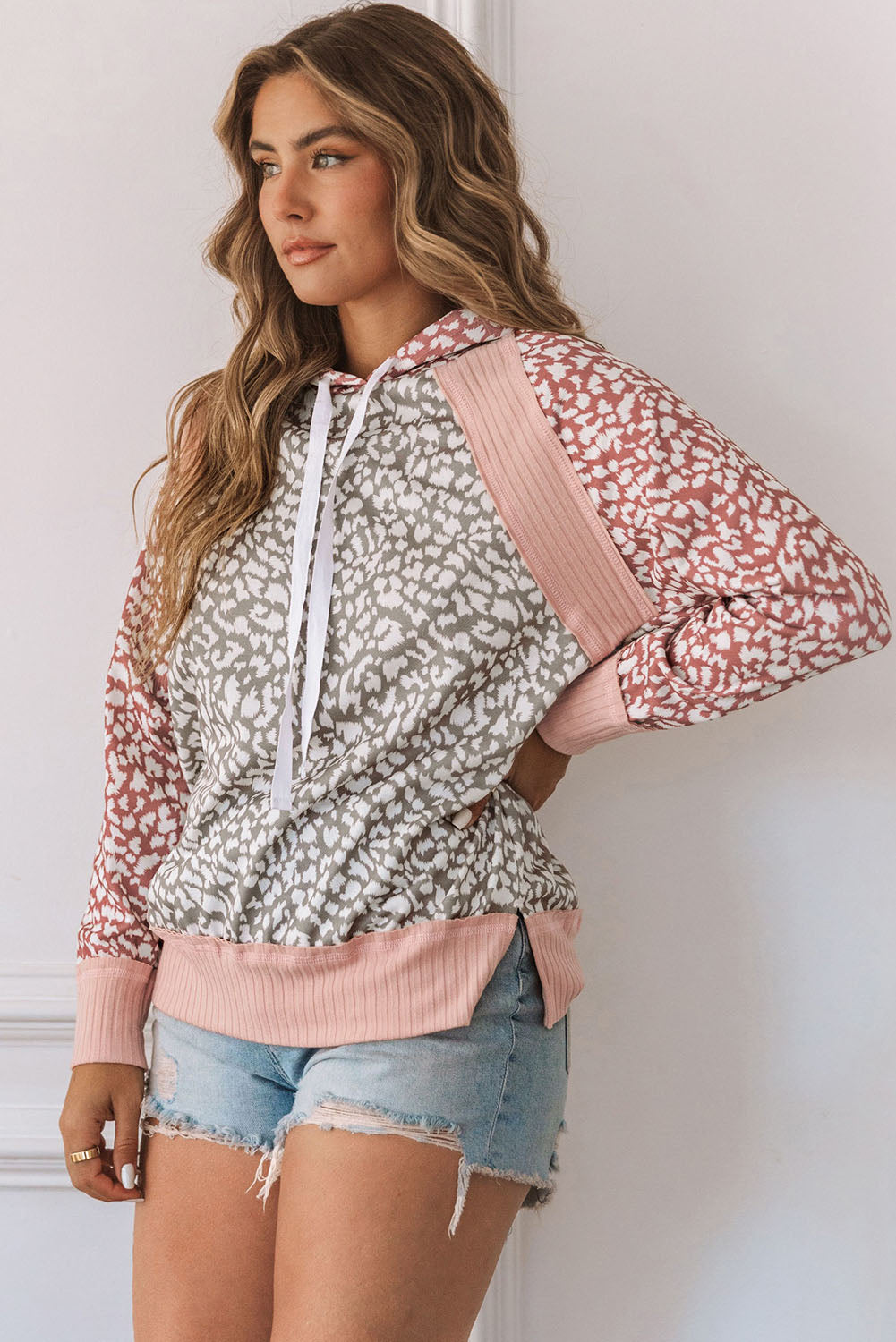 Pink Leopard Long Sleeve Kapuzen -Sweatshirt