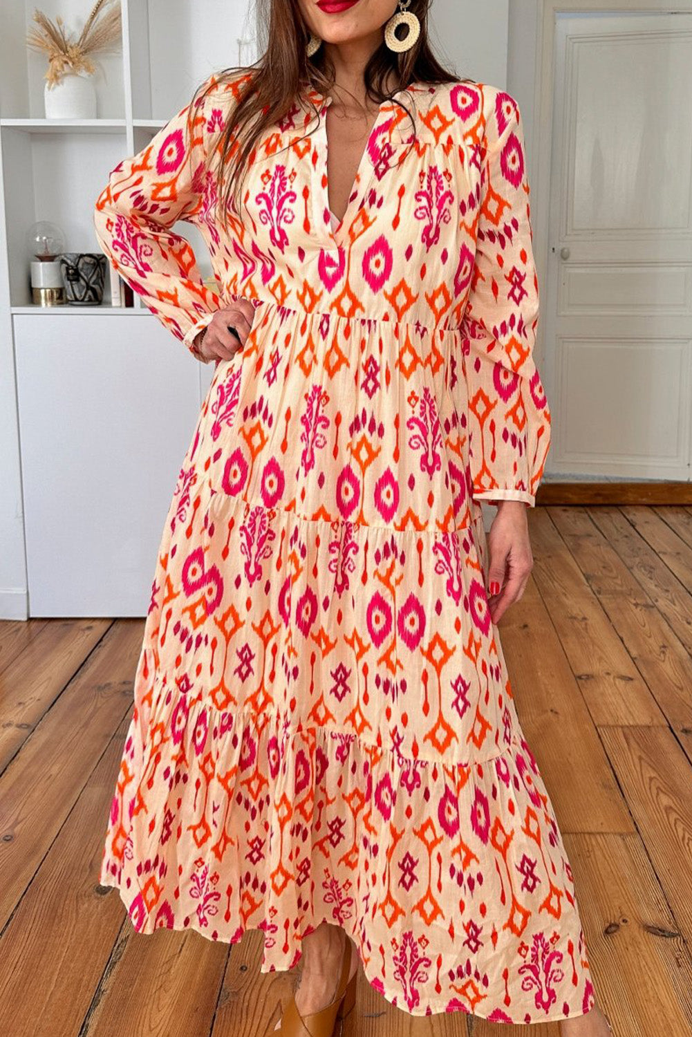 Robe longue orange à imprimé géométrique abstrait western