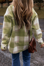 Sage Green Plaid Baggy Shacket with Buttoned Flap Pockets