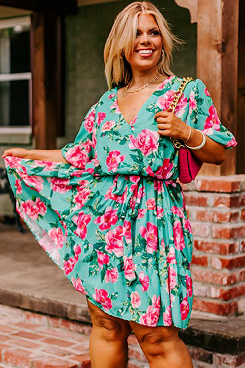 Green Floral Bubble Sleeve Surplice Ruffled Plus Size Dress