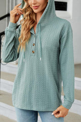Mint Green Textured Drawstring Hooded Long Sleeve Button Front Top