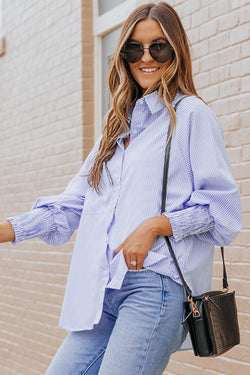 Striped Boyfriend shirt with Smocked Blue Sky Reverse with Pocket