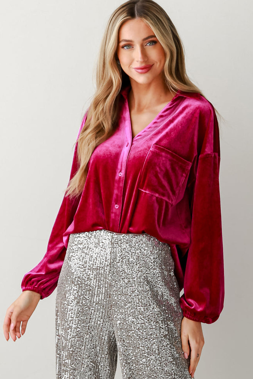 Pitaya Pink Buttoned V Neck Chest Pocket Velvet Shirt