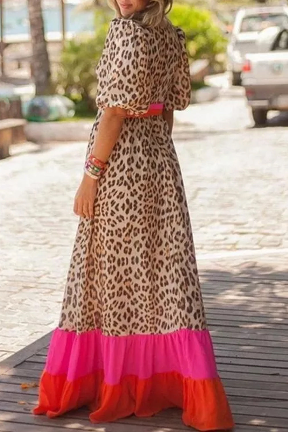 Hot pink leopard color block patchwork bubble sleeve maxi dress