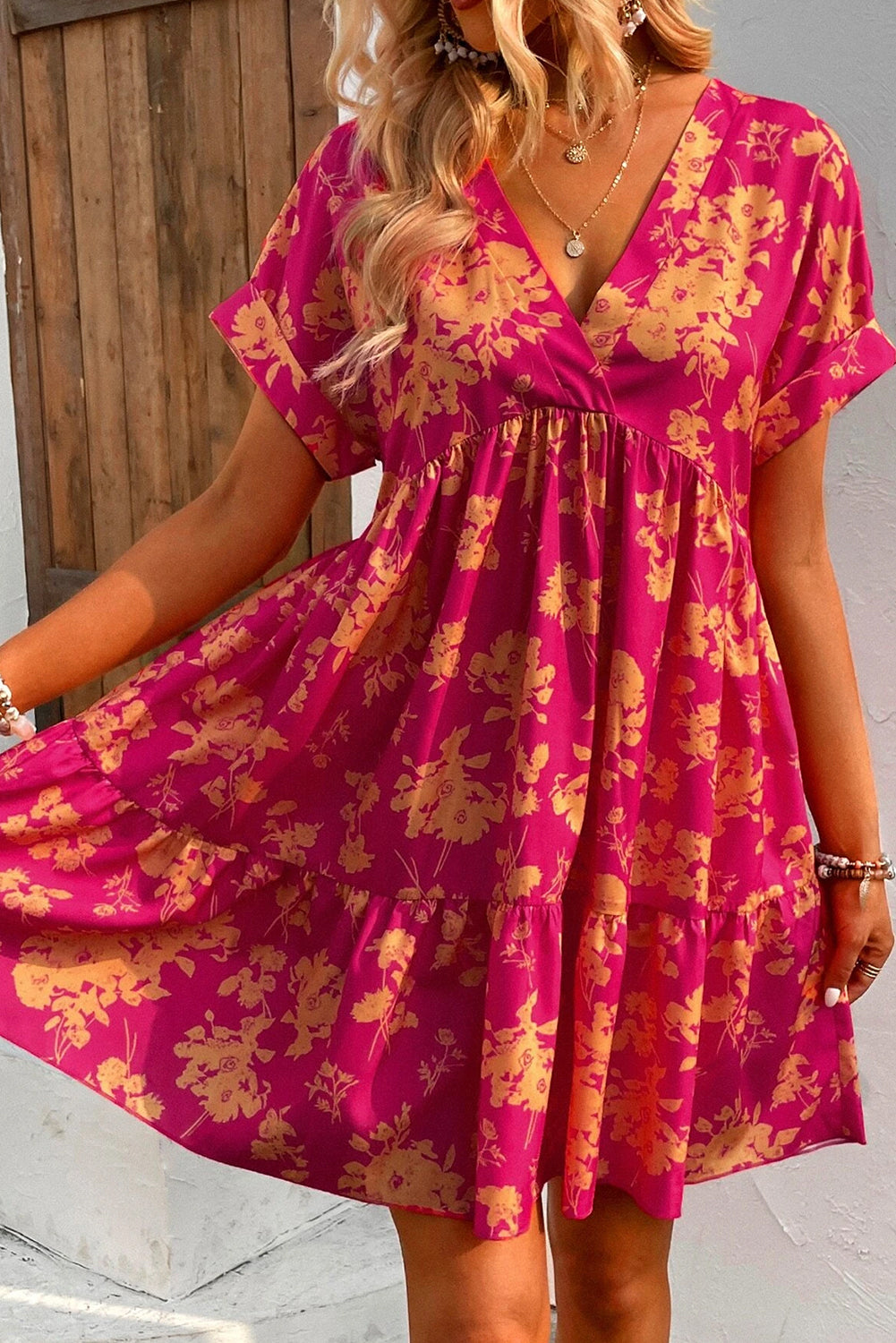 Rose Floral Print Batwing Sleeve Smock Dress