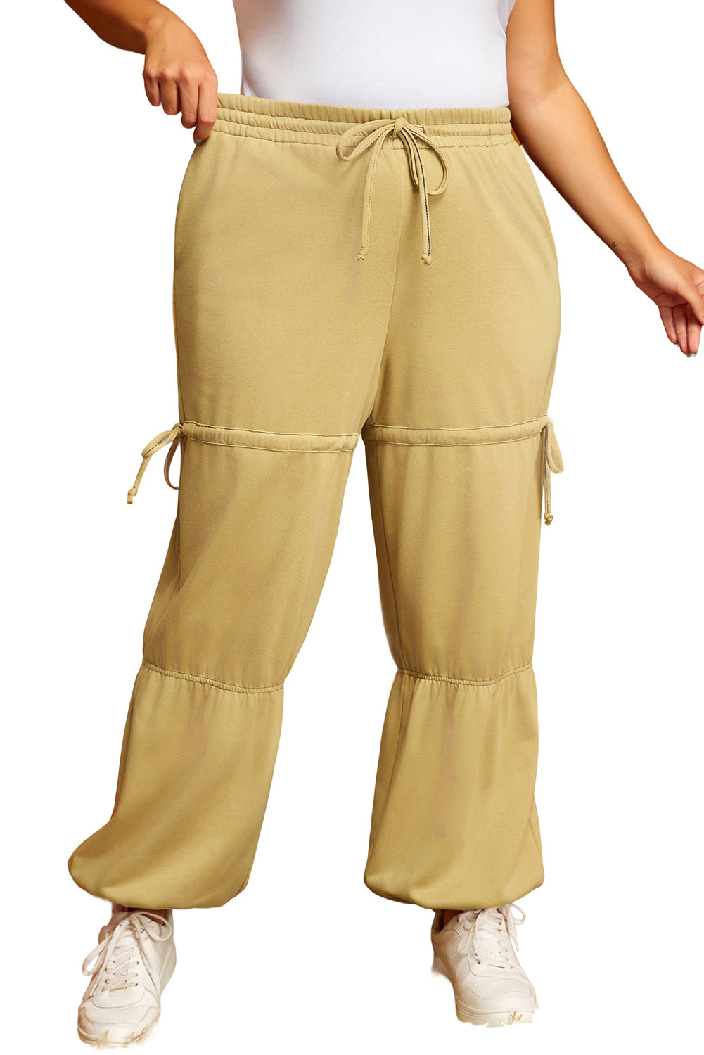 Beige high waisted drawstring fitted band pants