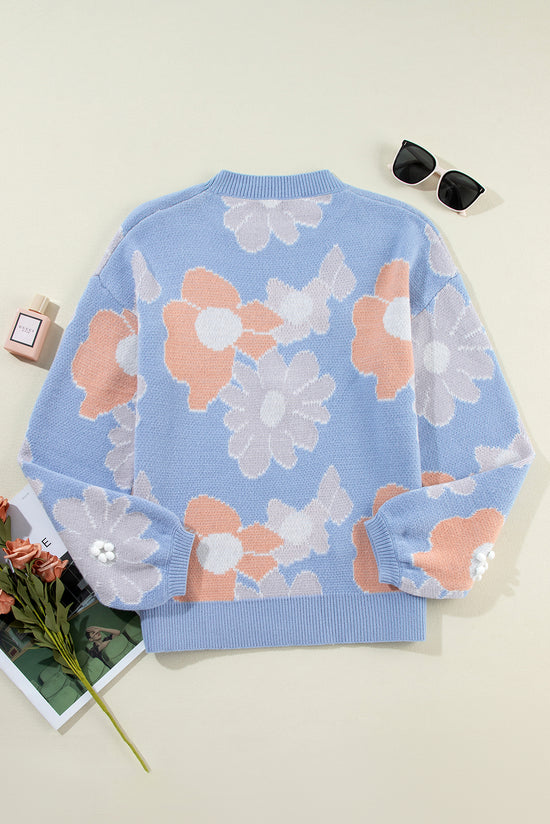 Pull tricoté à épaules tombantes et col rond à fleurs Beau Blue