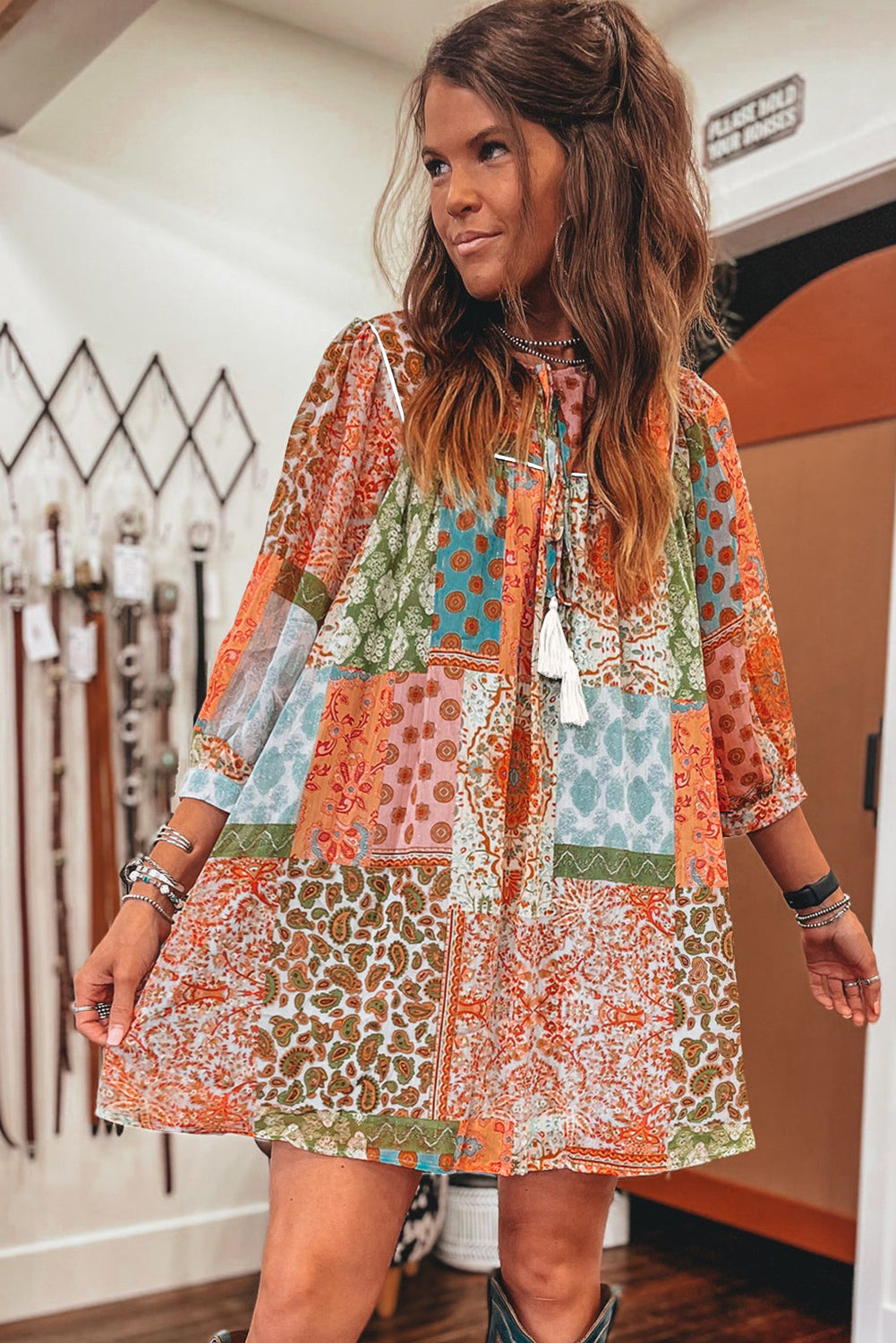 Orange Boho Paisley Print misto a 3/4 Abito sciolto in chiffon manica