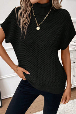 Textured black turtleneck sweater with short sleeves