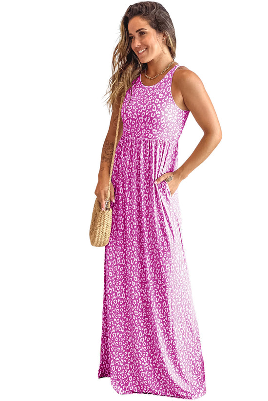 Long -free pocket sleeve dress and pink leopard print