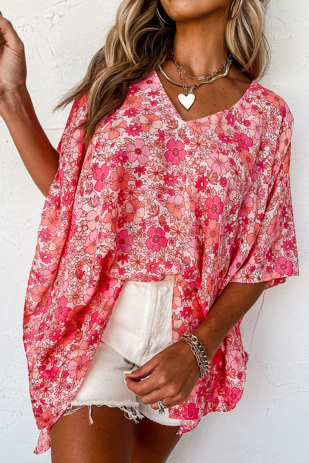 Chemisier style kimono rose à col en V *