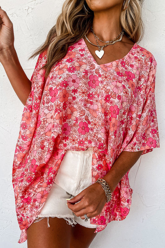 Chemisier style kimono rose à col en V et motif floral bohème