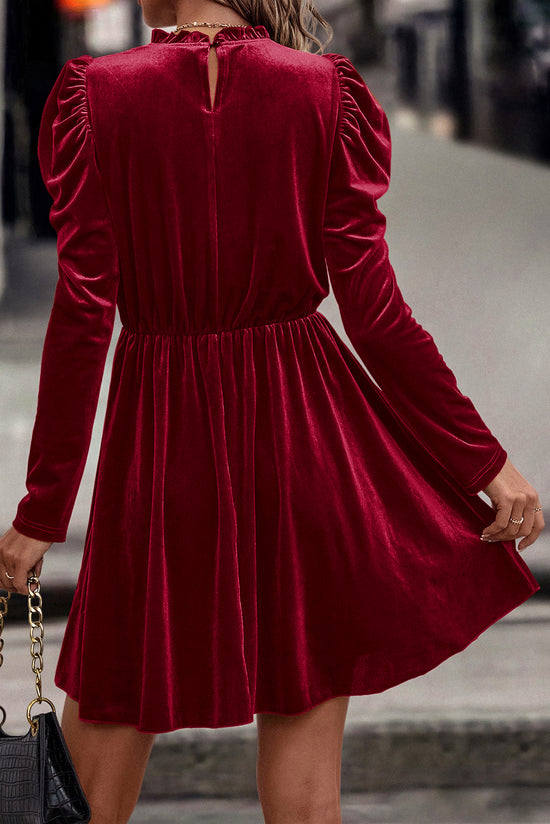 Dahlia red velvet trapeze dress with ruffled collar and Gigot sleeves