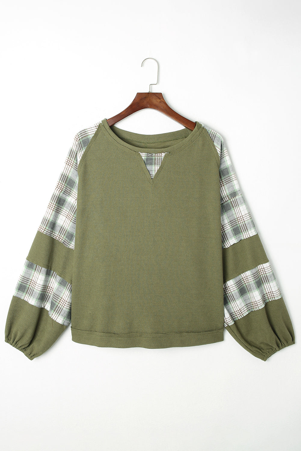 Green Plaid Patch Waffle Knit Exposed Seam Bubble Sleeve Top