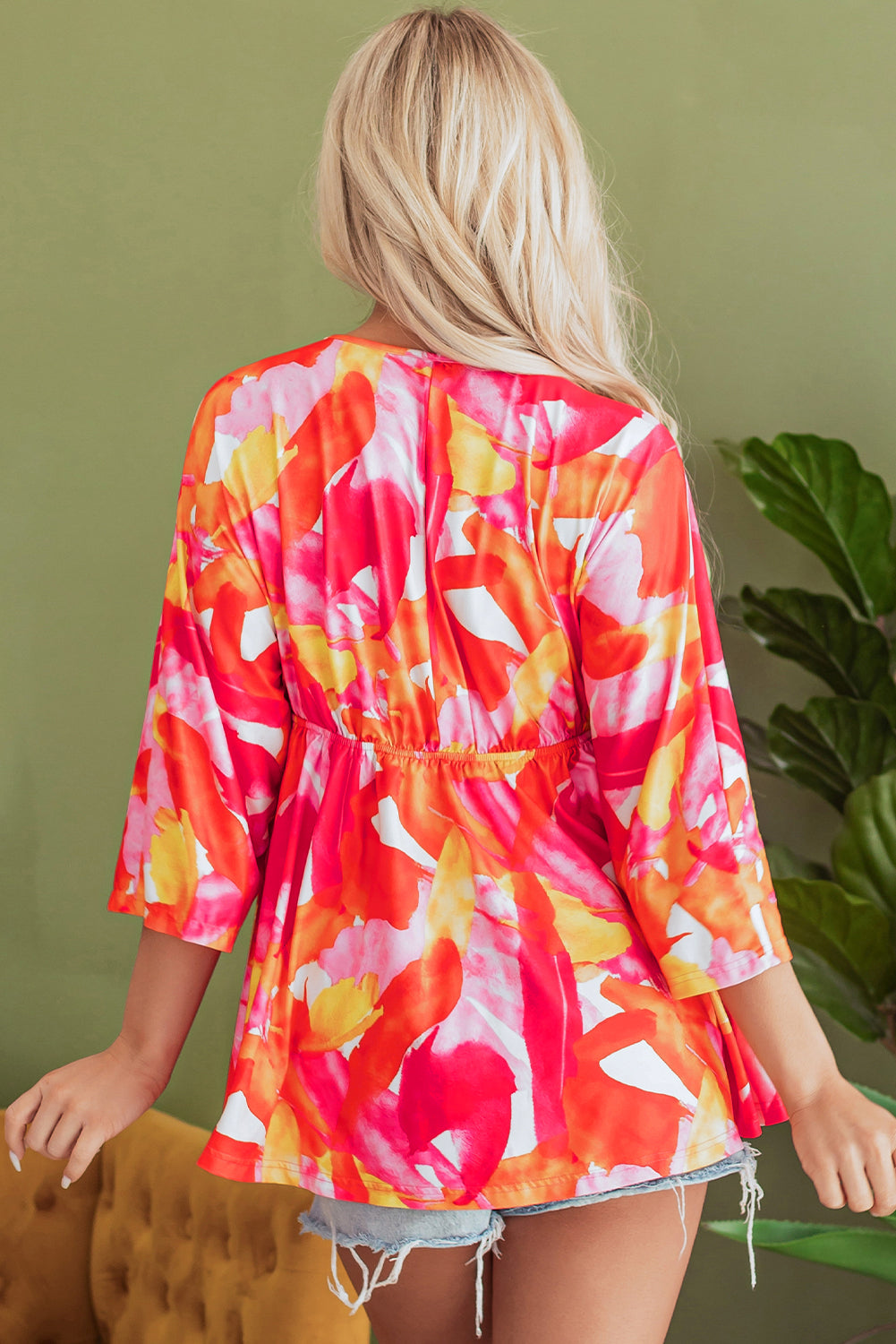 Orange Babydoll blouse with abstract print, 3/4 sleeves, V -neck, flying