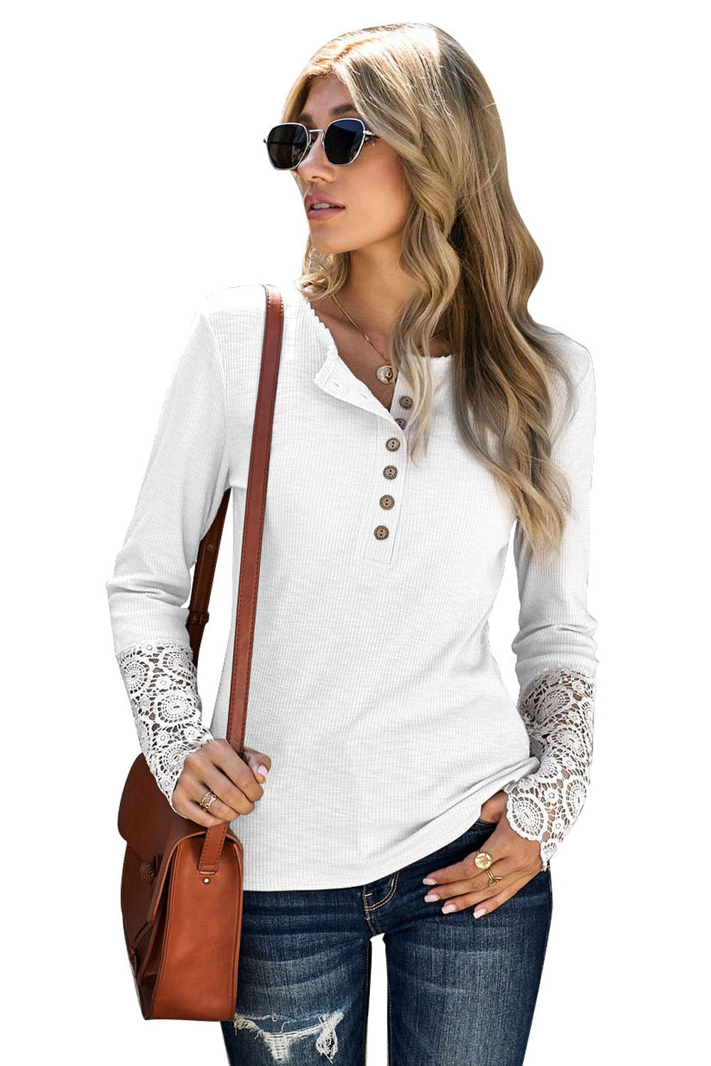 White Crochet Lace Hem Sleeve Button Top