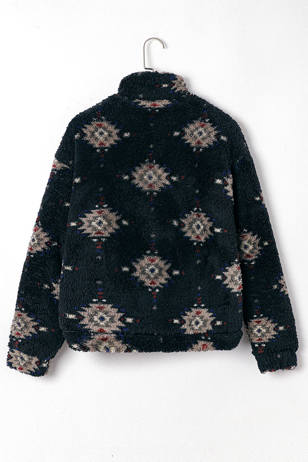 Chaqueta sherpa con cuello y cremallera con estampado azteca negra