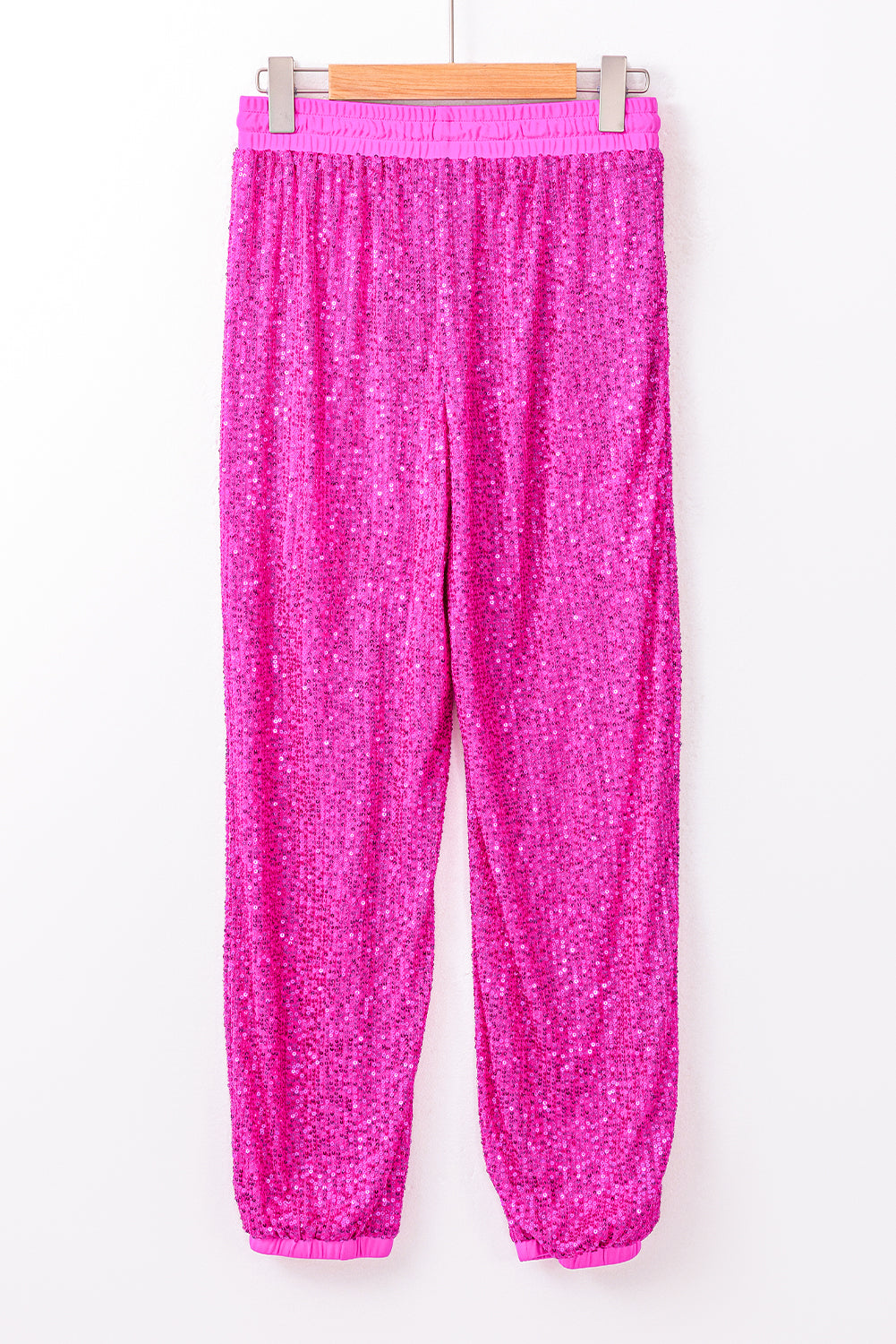 Pantalones jogger con lentejuelas y cintura alta con lazo rosa