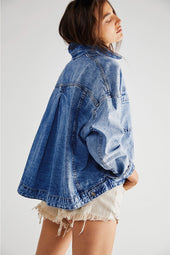 Dark Blue Washed Oversized Denim Jacket with Pockets