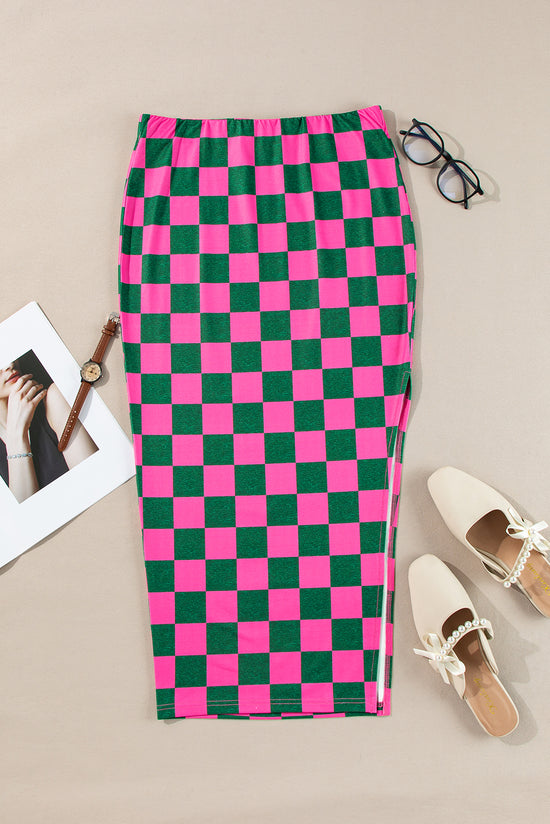 Long-waxing mid-length skirt with side slit and pink tiles print