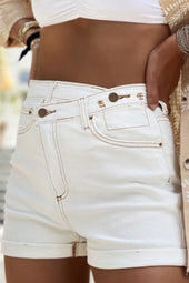 Stylish white denim shorts with asymmetrical waist