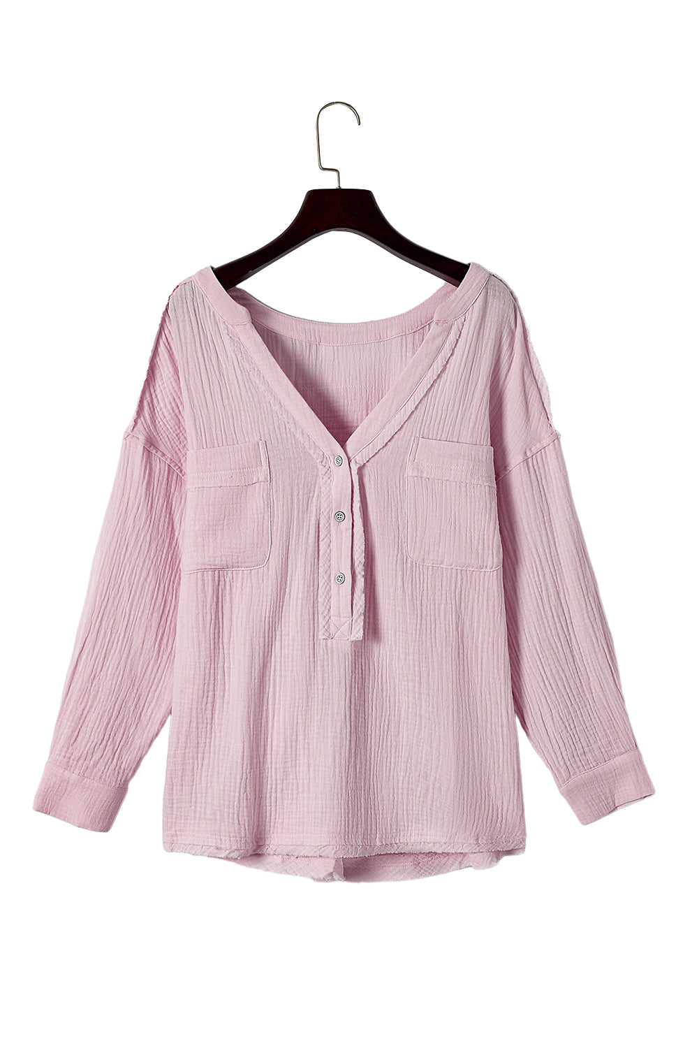 Top henley con abertura desgastada y manga larga arrugada rosa