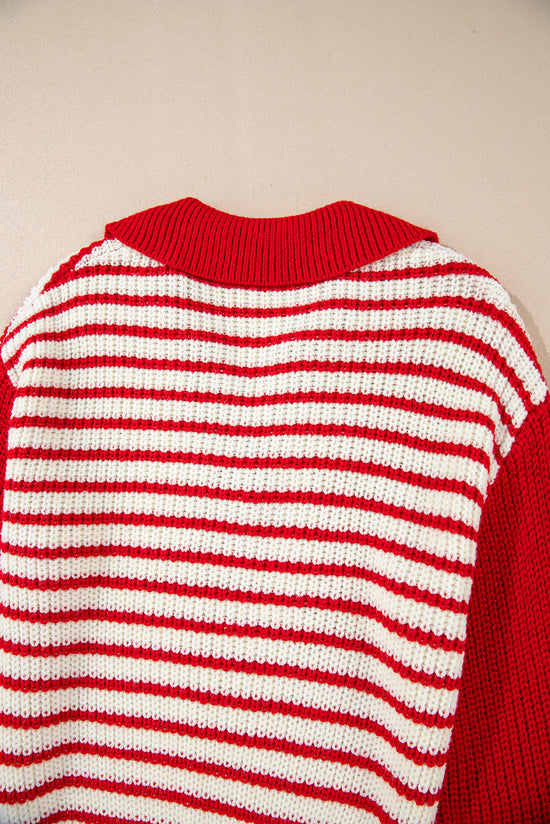 Red striped sweater with lantern sleeves and V -neck and drooping shoulders