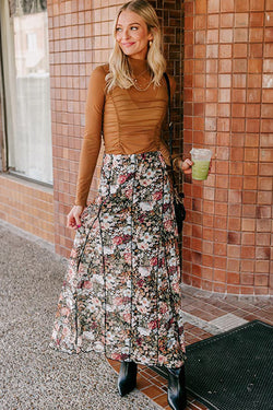 Long high waist skirt with brown floral print