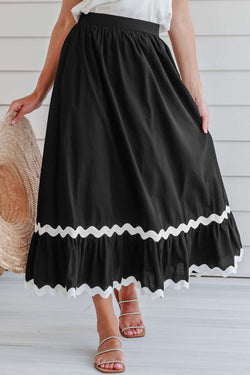 Long black high waist skirt with Ricrac and Color Block edges