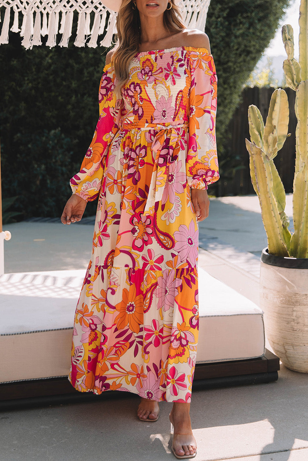 Multicolour boho floral smocké de la manche bouffée de l'épaule robe maxi