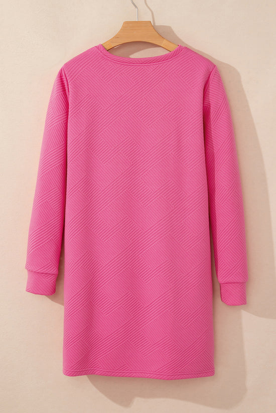 Solid Color Red Pink Textured Long Sleeve Straight Dress