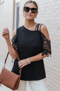 Black top with bare shoulders and lace straps