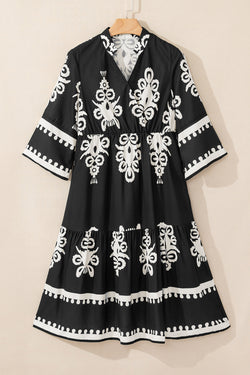 Black geometric western print loose midi dress with 3/4 sleeves