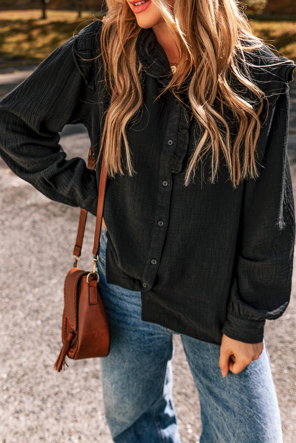 Black Textured Ruffled Trim Buttoned Loose Fit Shirt