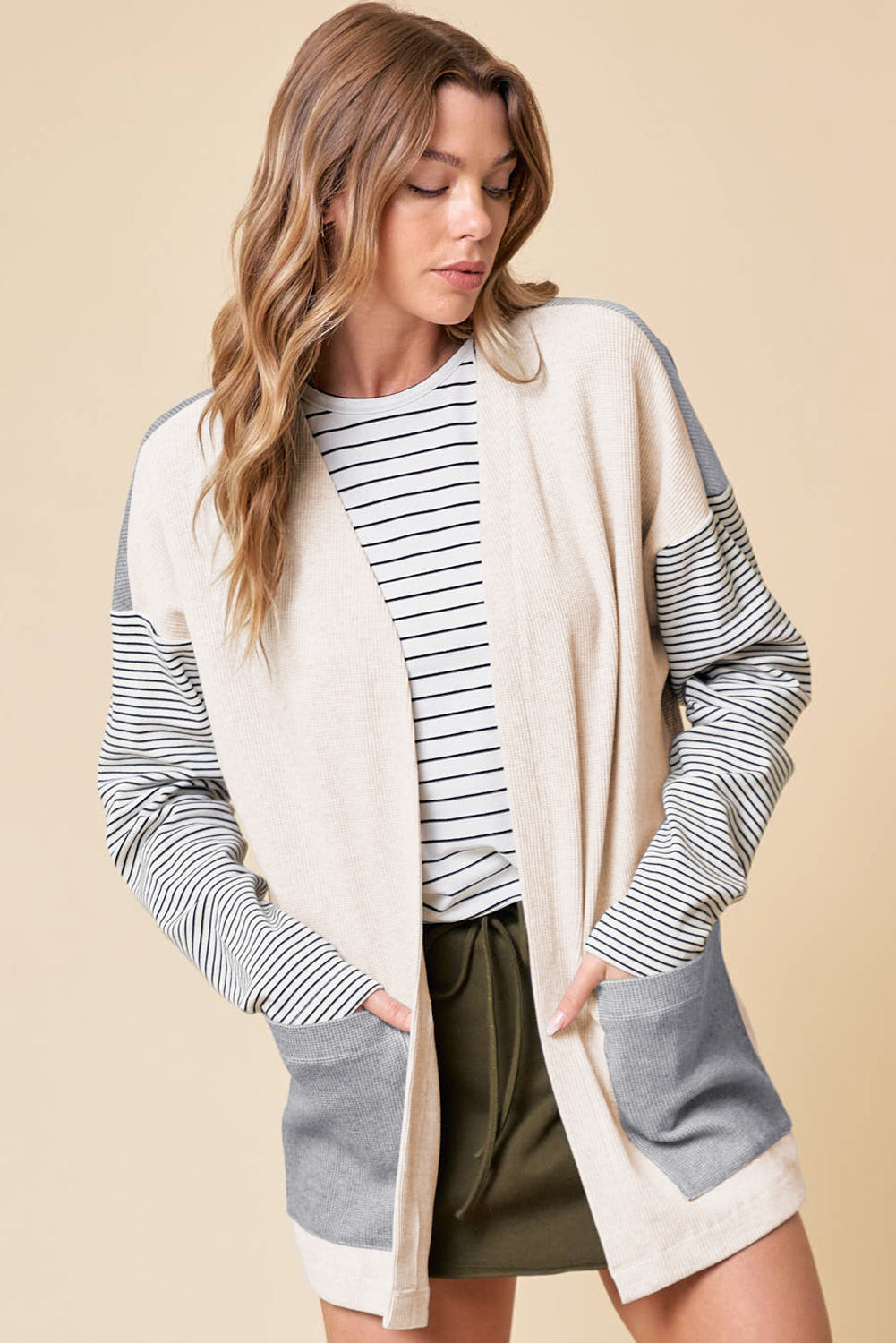 Black striped patchwork open front cardigan with pocket