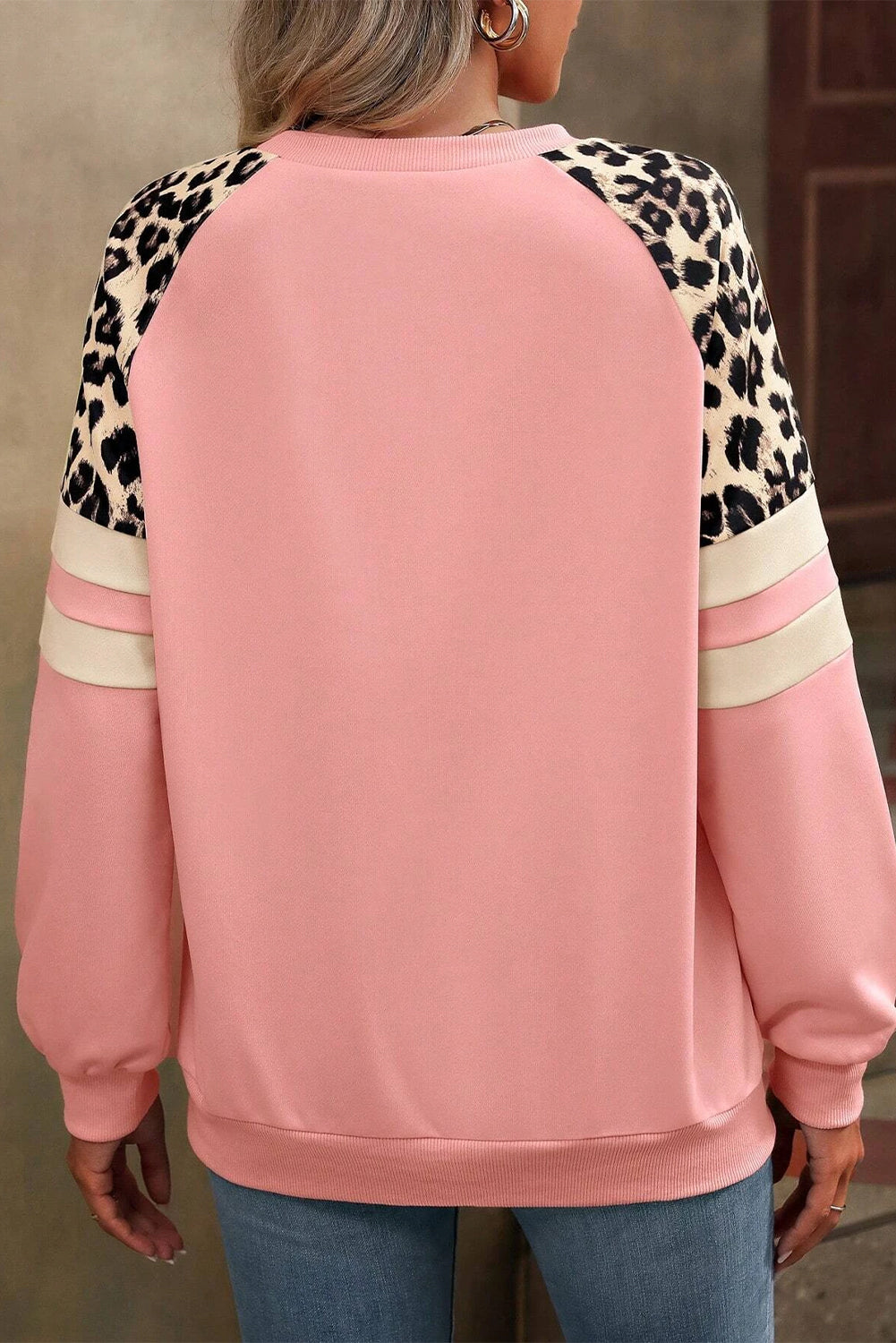 Peach Blossom Leopard impreso Colorblock Raglan Swein Swein