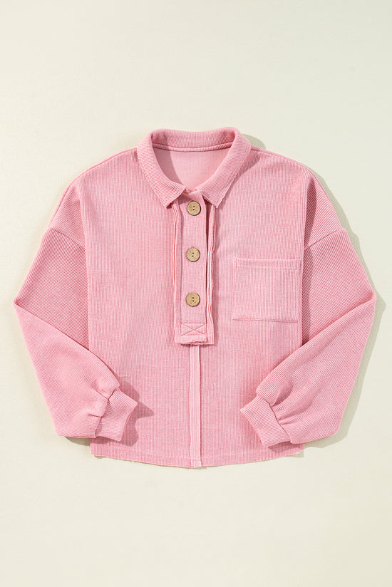 Haut Henley con cuello de punto picado rosa con bolsillo para el pecho