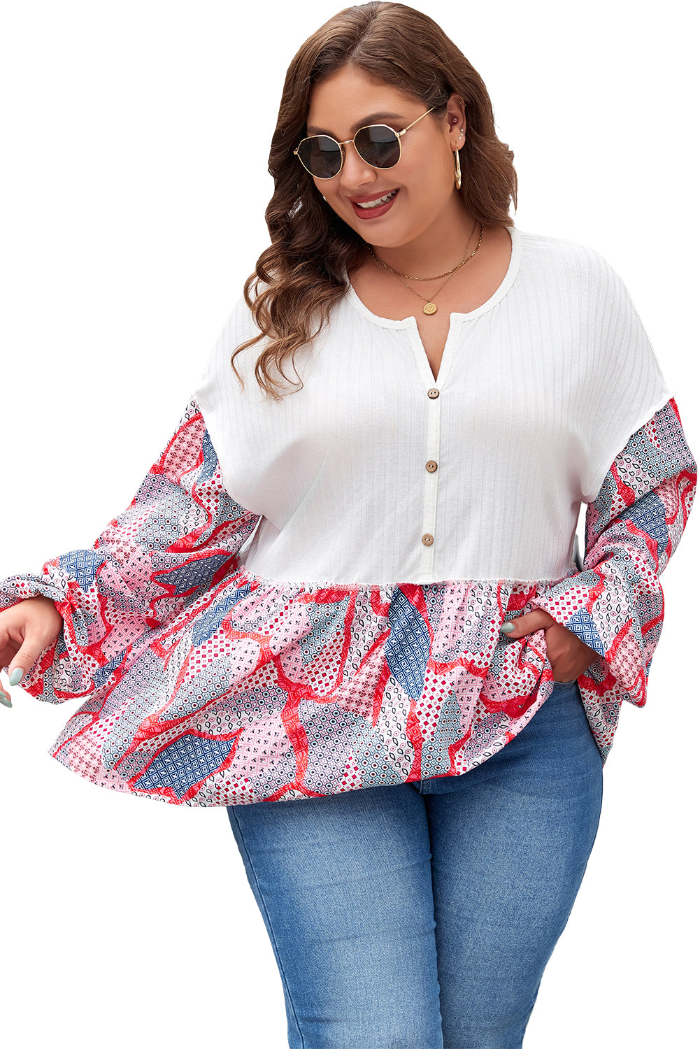 Plus Size Apricot Patchwork Print Textured Button Down Blouse