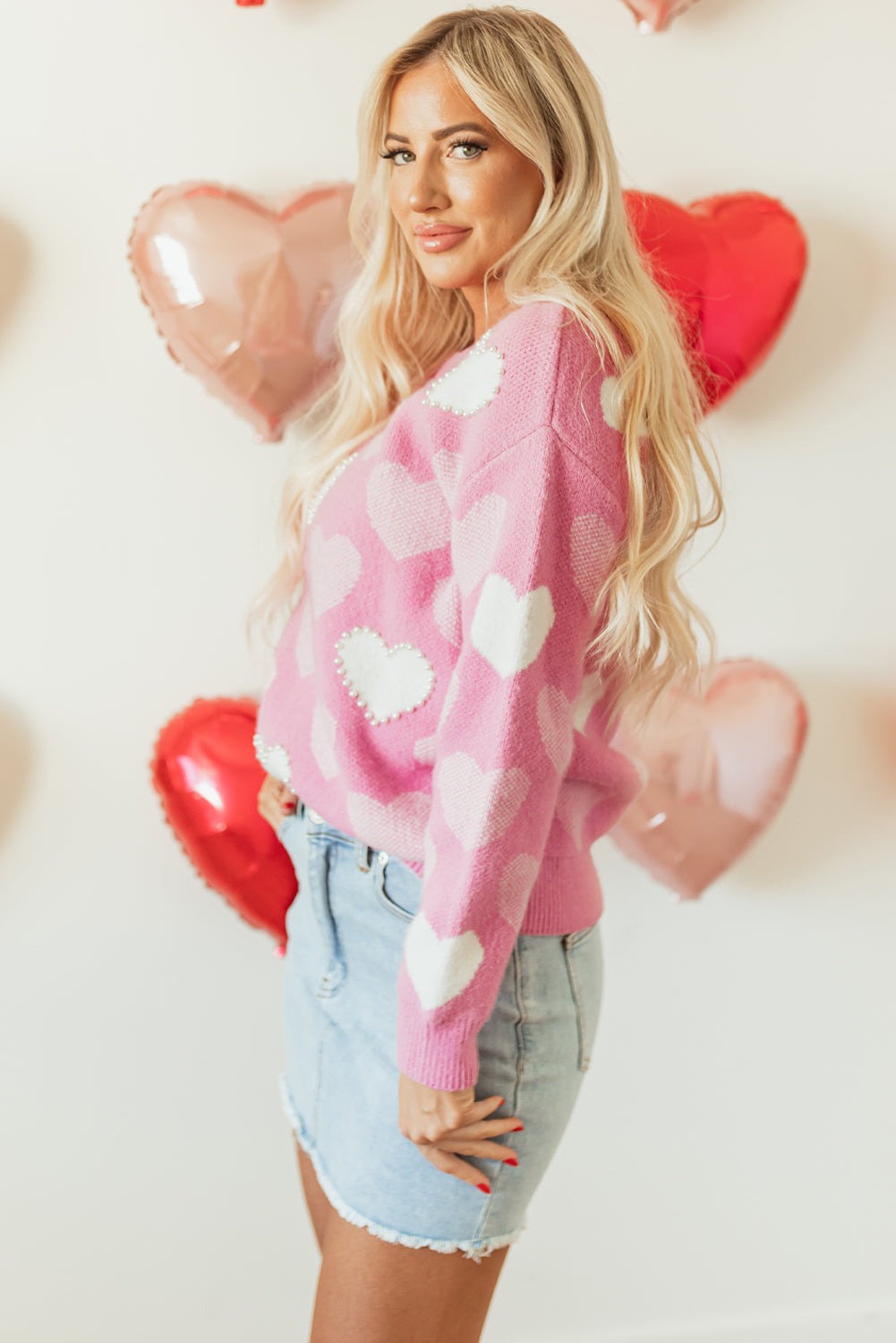 Pink Crew Neck Sweater with Pearl Heart Print for Valentine's Day