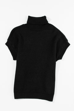 Textured black turtleneck sweater with short sleeves