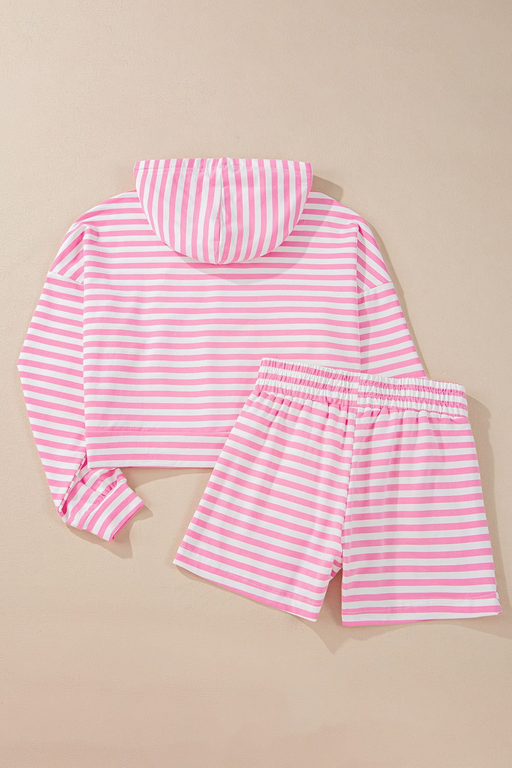 Pink Striped Kangaroo Pocket Hoodie and Wide Shorts Set