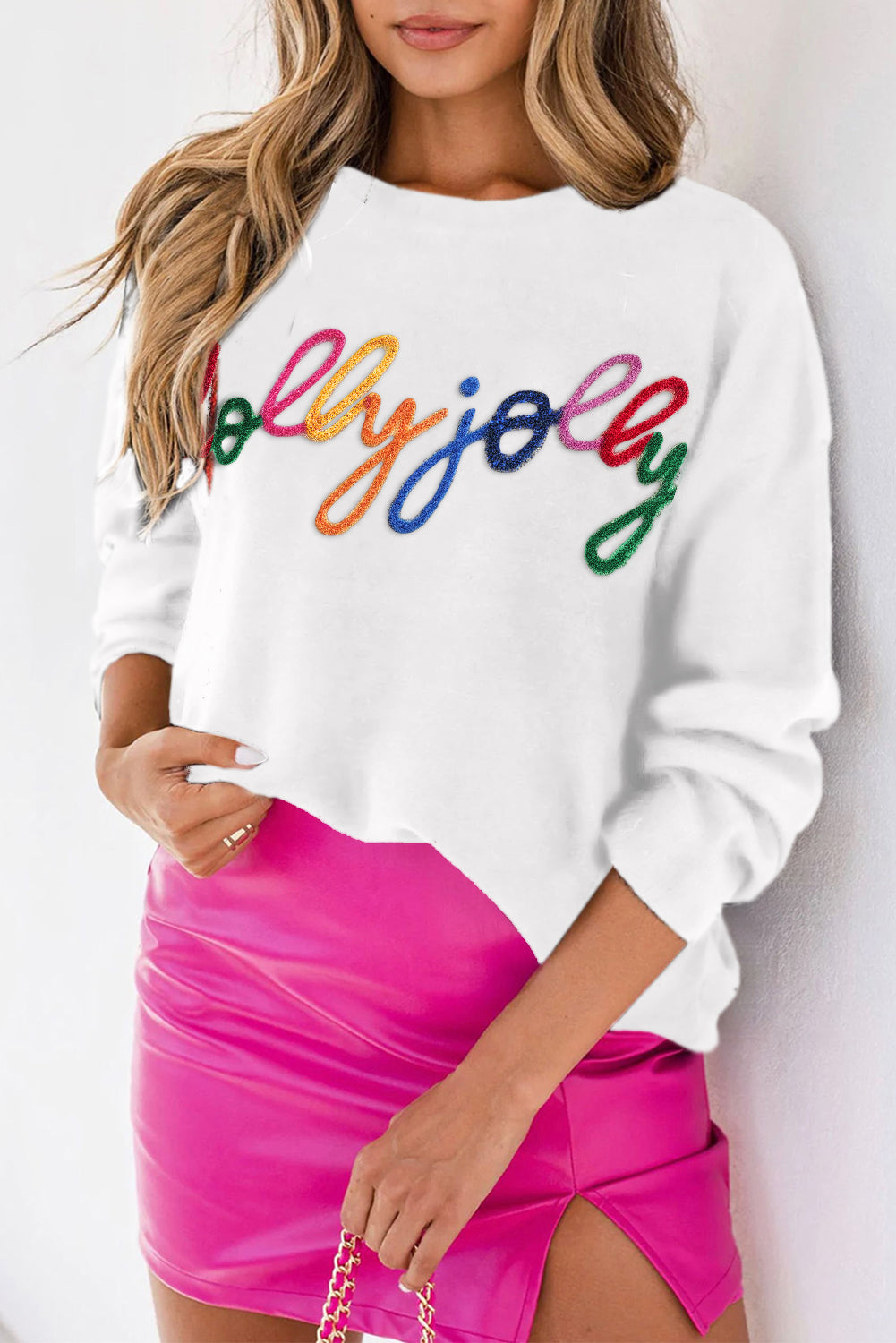 Pull décontracté à col rond Holly Jolly blanc